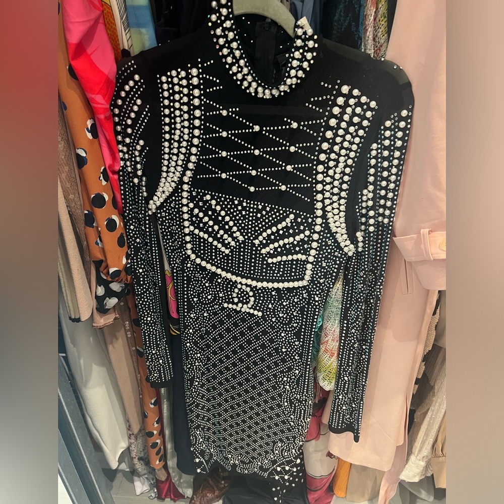Fully Embellished in Pearls & Rhinestones Black Long Sleeve Dress Size M. BNWT!